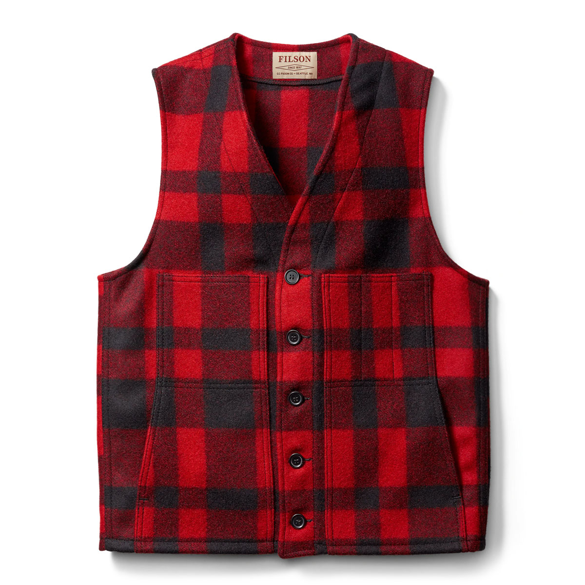 Filson Mackinaw Wool Vest Red Black Plaid duurzaam vest gemaakt