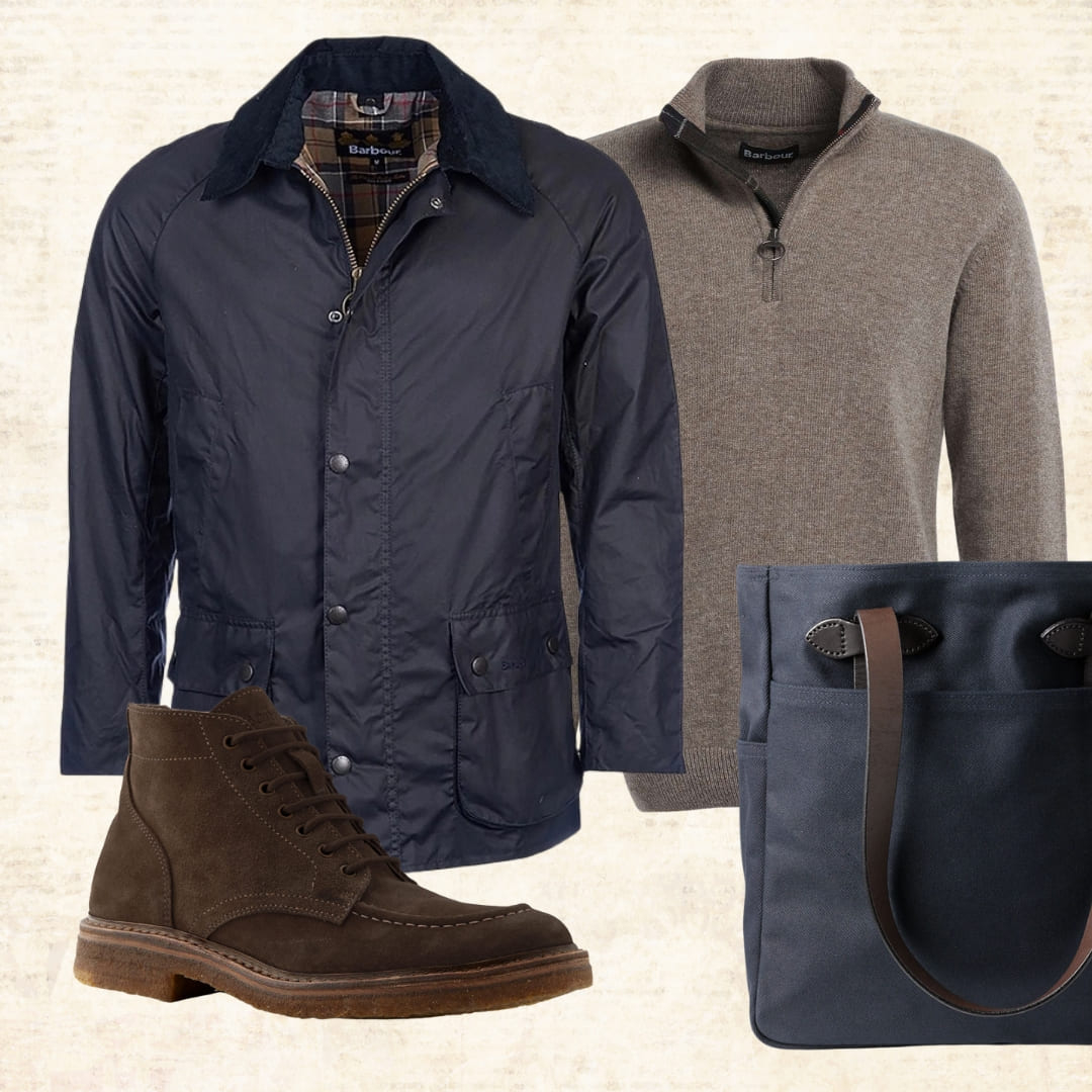 Barbour Ashby Wax Jacket Navy, hoe te dragen; Filson, Astorflex.