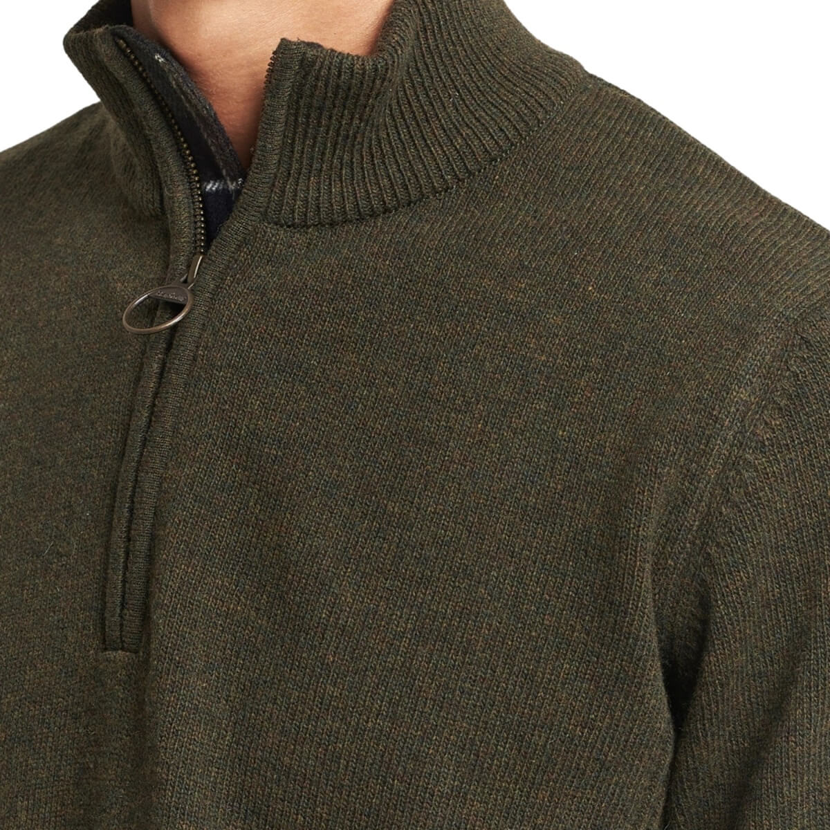 Barbour Holden Half Zip Lambswool Sweater Olive Marl, Klassiek Tartan detail maakt deze trui uniek