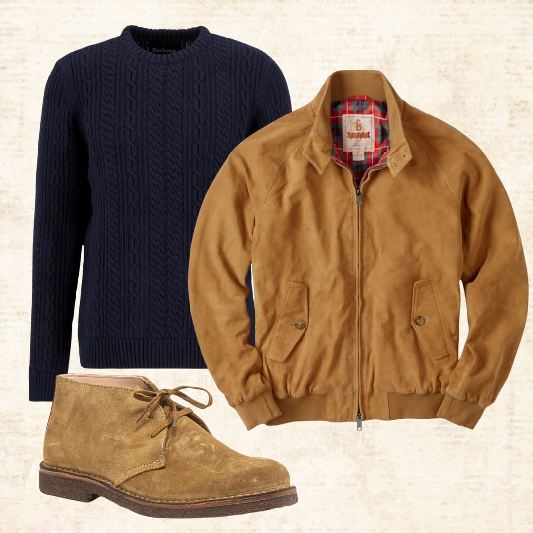 Barbour Lowfen Kabeltrui Navy, hoe te stylen.