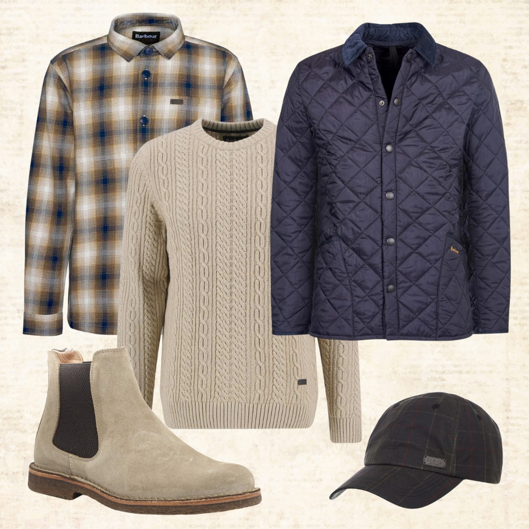Barbour Lowfen Kabeltrui Stone, hoe te stylen.