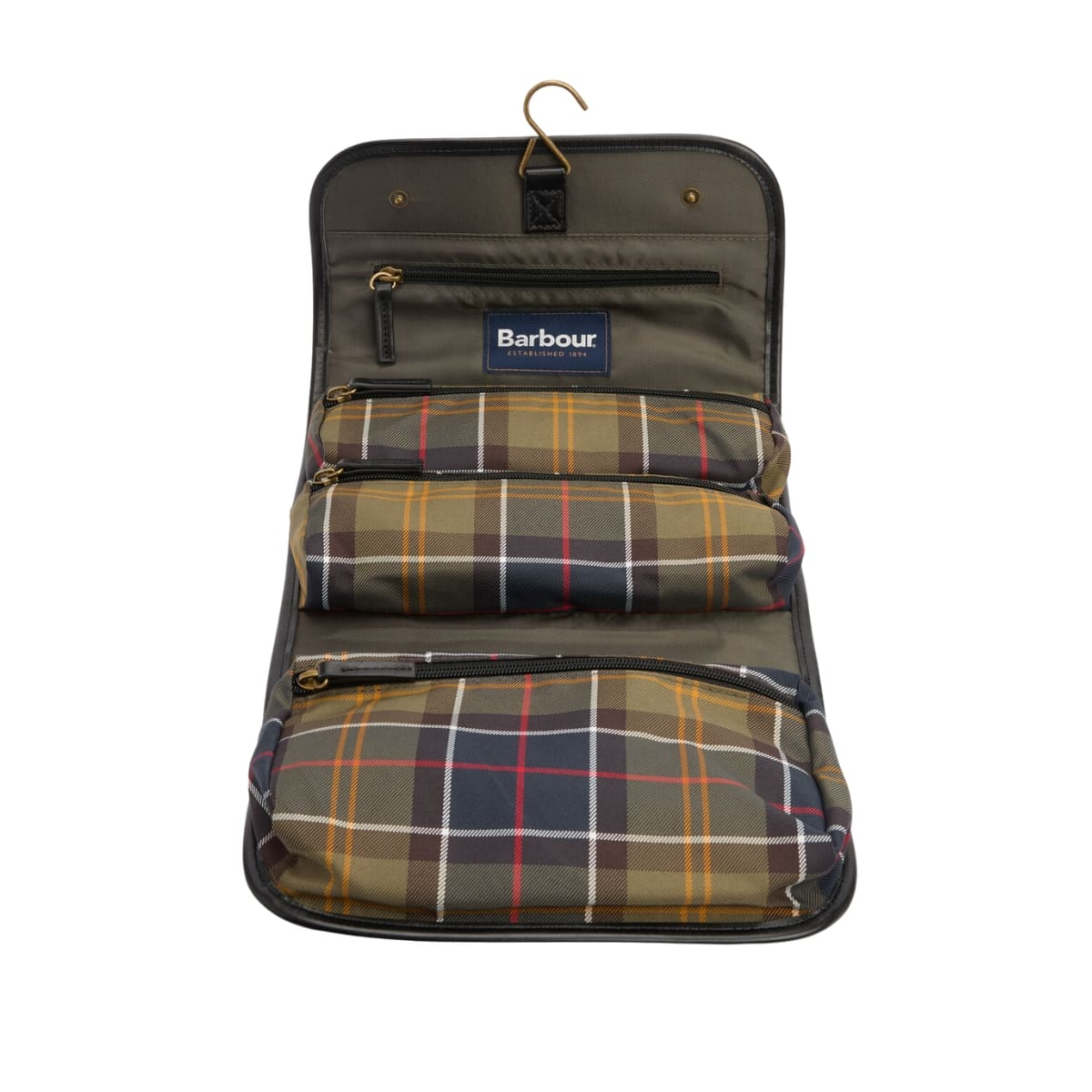 Barbour Tartan Hanging Washbag Classic/Beacon, luxe leer, stijlvol design, perfect voor georganiseerde reizen