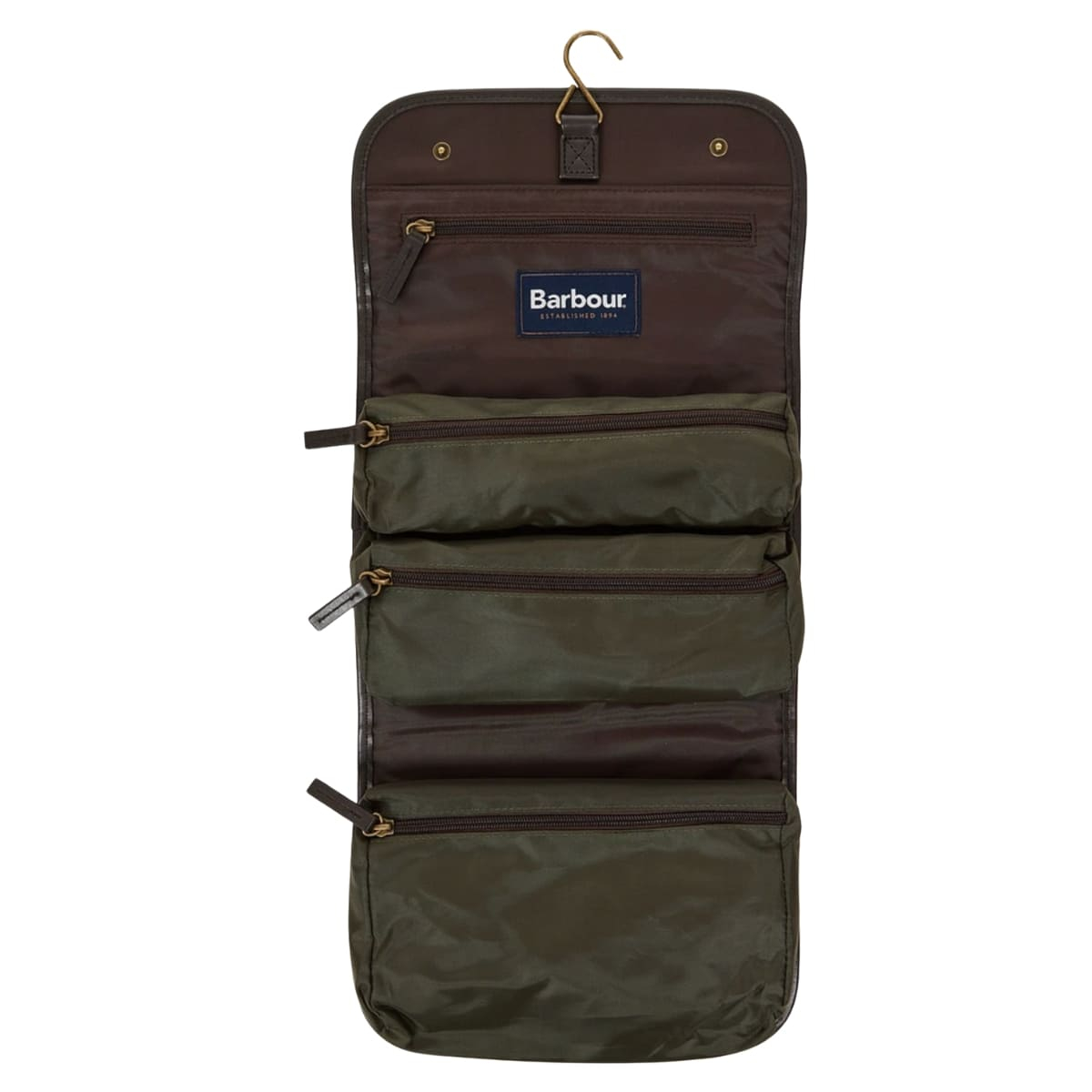 Barbour Wax Hanging Washbag Olive/Beacon, luxe leer, stijlvol design, perfect voor georganiseerde reizen