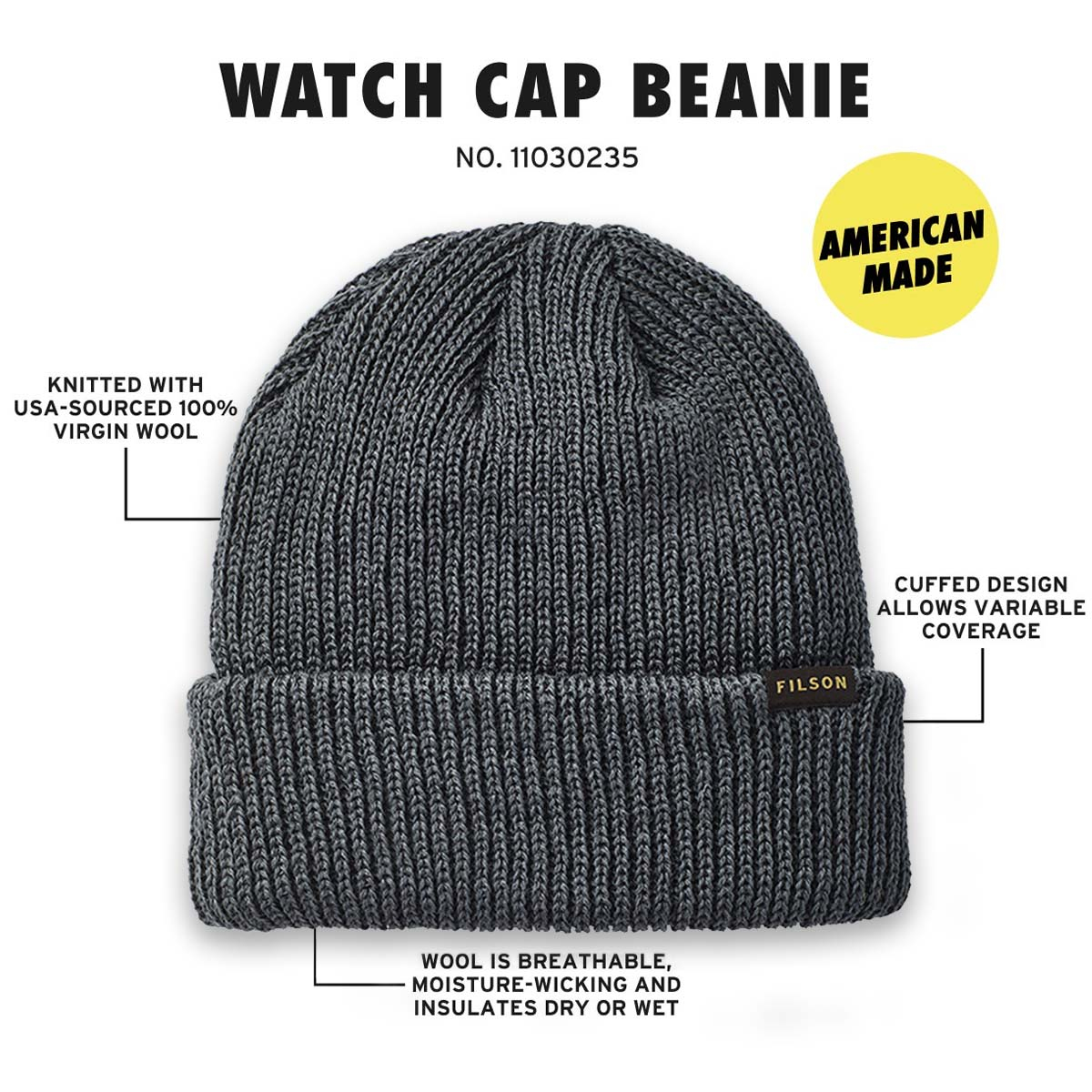 Filson Watch Cap Charcoal, FEATURES
