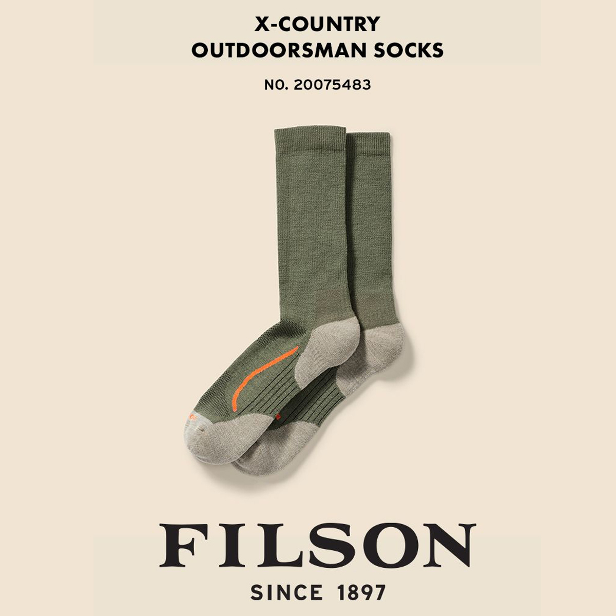 Filson X Country Outdoorsman Sock Green/Blaze, duurzame sok met een vochtafvoerende merinowolmix die je voeten droog en comfortabel houdt