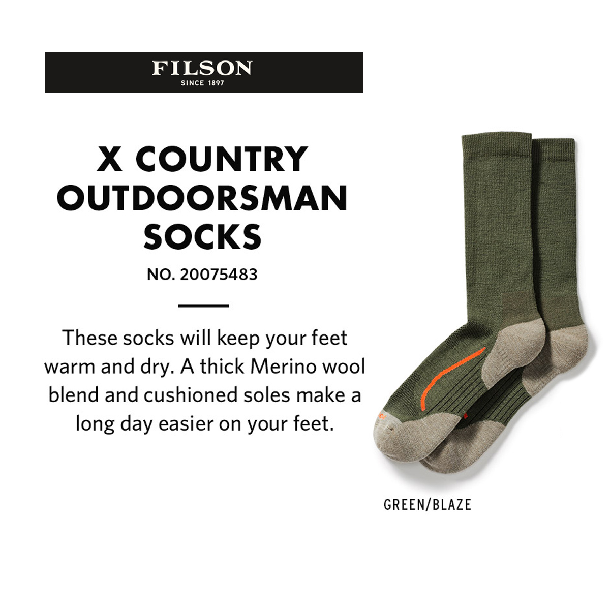 Filson X Country Outdoorsman Sock Green/Blaze, duurzame sok met een vochtafvoerende merinowolmix die je voeten droog en comfortabel houdt