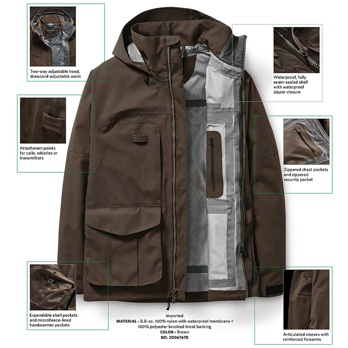 Filson 3-Layer Field Jacket Brown, volledig naad-getaped drielaags waterdicht, ademend jack, het beste van het beste