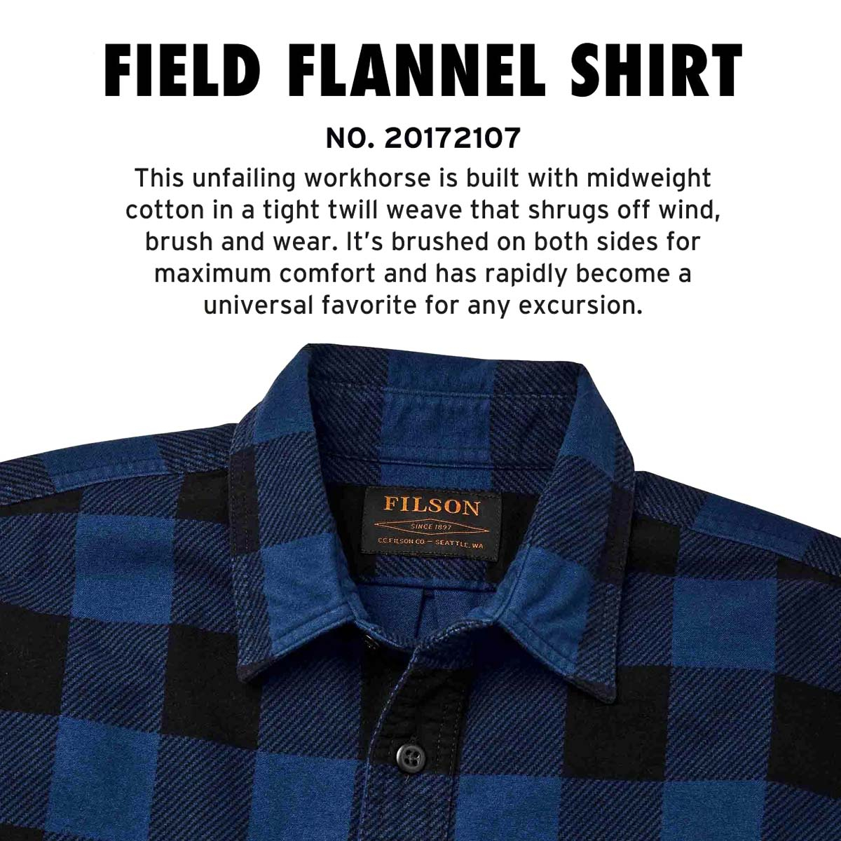 Filson Field Flannel Shirt Cobalt Black Buffalo, iconisch shirt in de maak