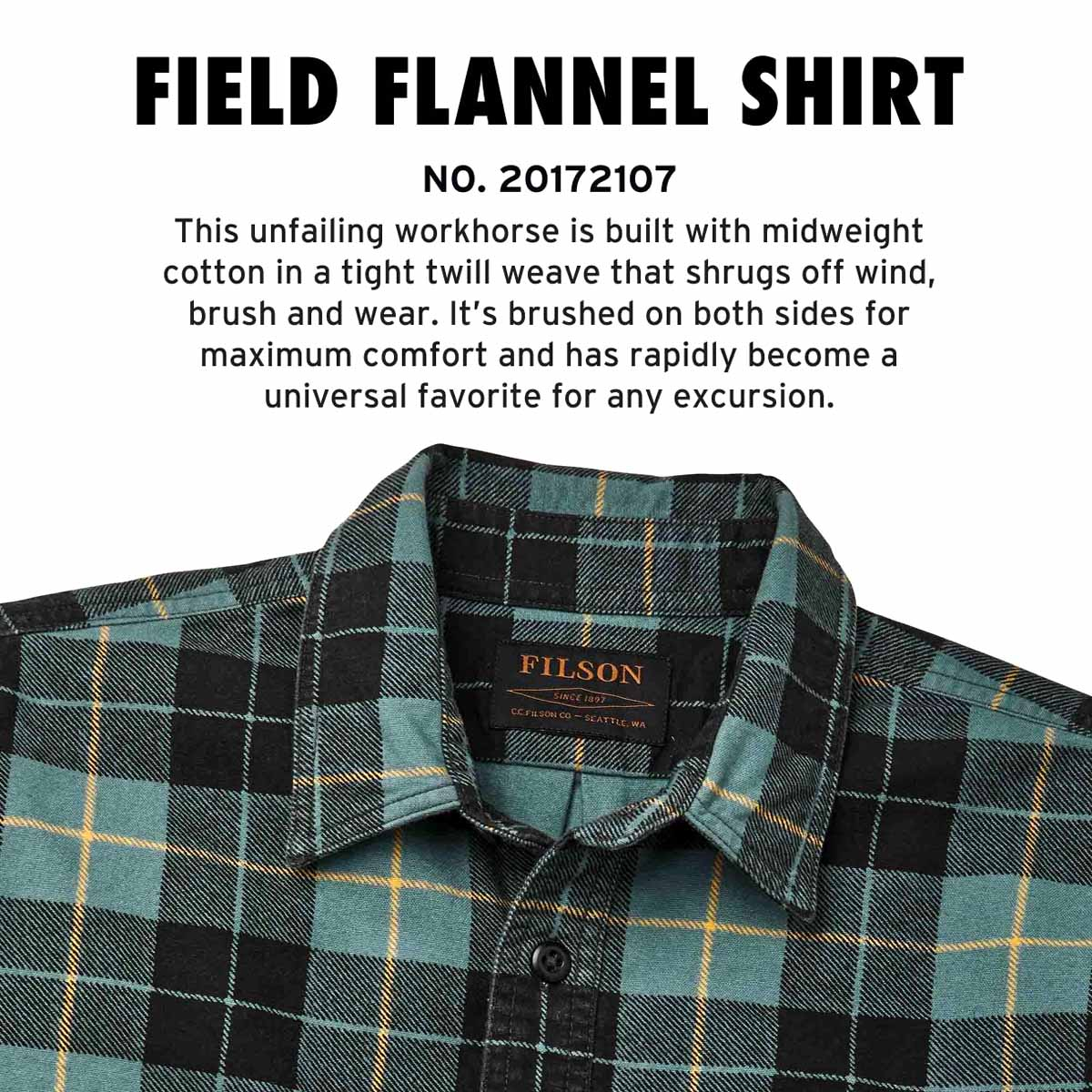Filson Field Flannel Shirt Northcoast Green Print, iconisch shirt in de maak