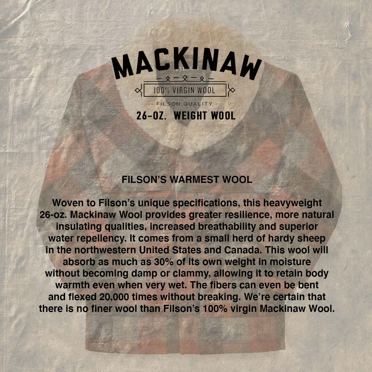 Filson Lined Wool Packer Coat Black/Charcoal/Rust, gemaakt met scheerwol voor comfort, natuurlijke waterafstotendheid en isolerende warmte in alle weersomstandigheden