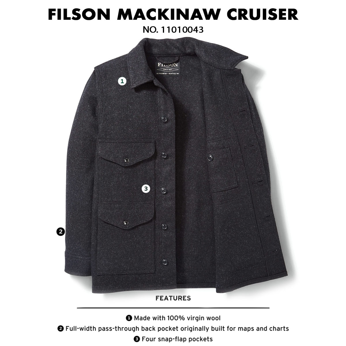 Filson Mackinaw Wool Cruiser Charcoal, kenmerken