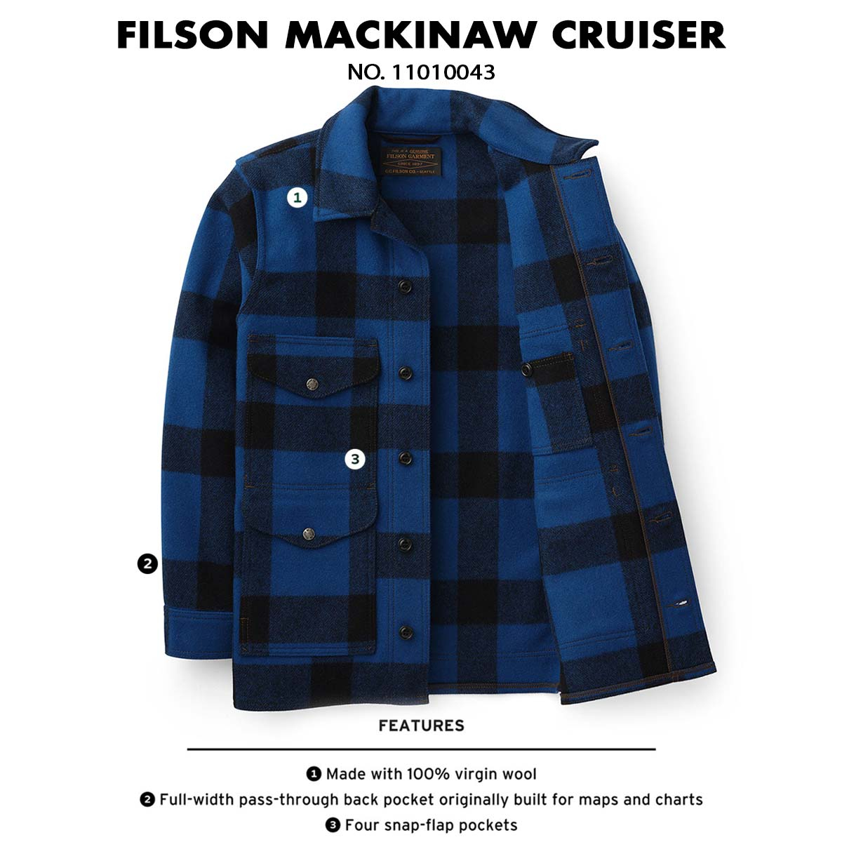 Filson Mackinaw Cruiser Jacket Cobalt Black, features
