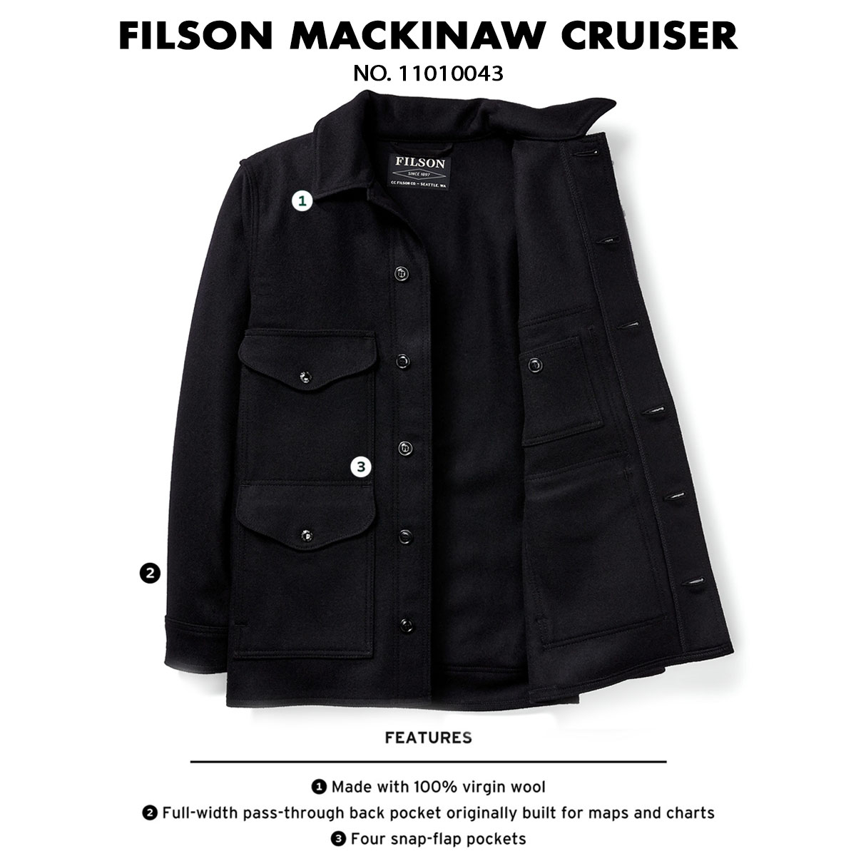 Filson Mackinaw Wool Cruiser Dark Navy, kenmerken
