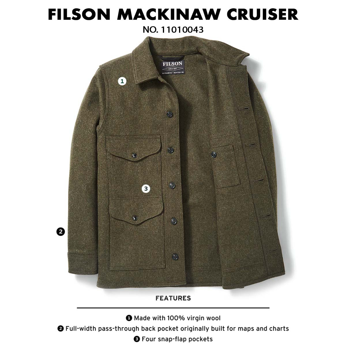 Filson Mackinaw Wool Cruiser Forest Green, kenmerken