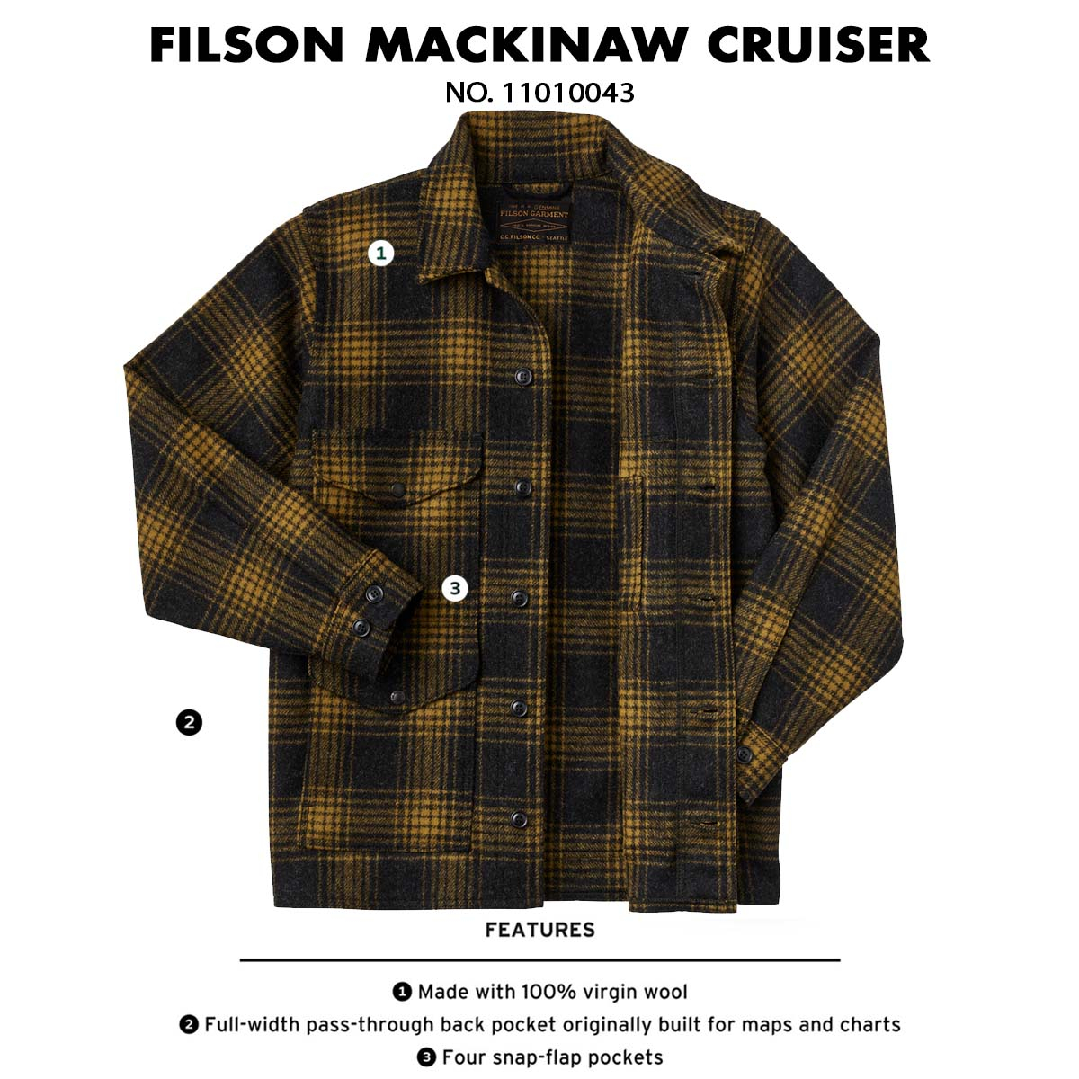 Filson Mackinaw Wool Cruiser Jacket Gold Ochre Omber, gepatenteerd in 1914 en vandaag de dag nog steeds veel gevraagd.
