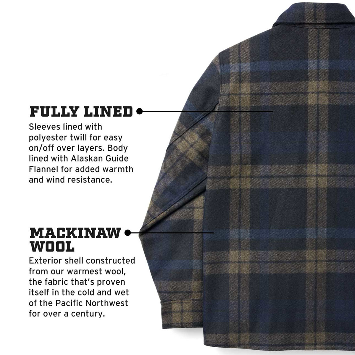 Filson Mackinaw Jac Shirt Black/Olive/Navy, features