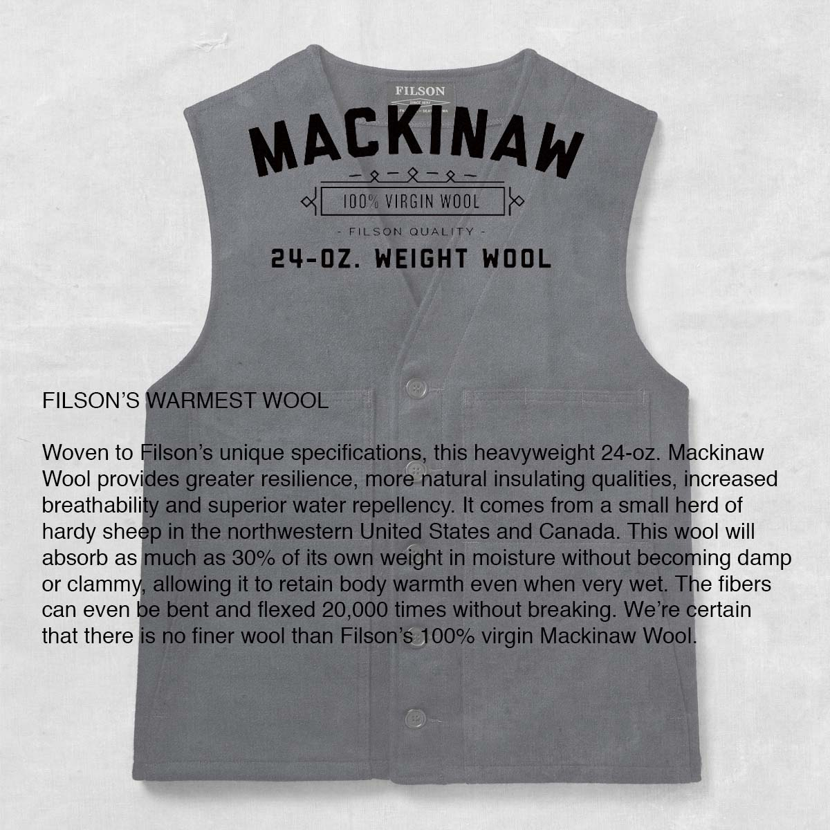 Filson Mackinaw Wool Vest, Made of 100% virgin Mackinaw Wool, verhaart niet, pilt niet, kreukt niet, en ziet er dag in dag uit goed uit.