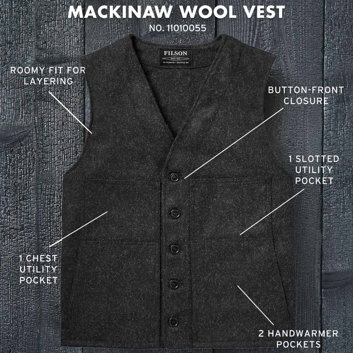 Filson Mackinaw Wool Vest Charcoal, features.