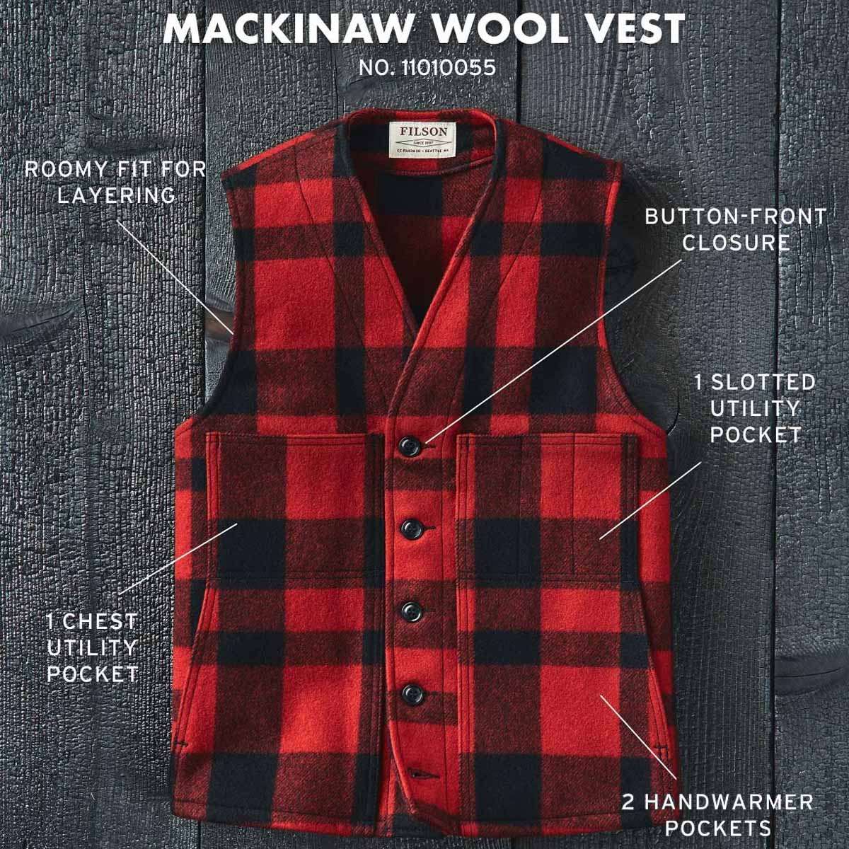 Filson Mackinaw Wool Vest, features.