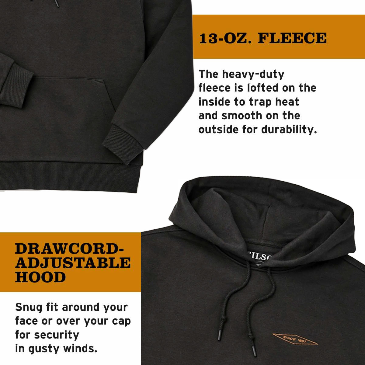 Filson Prospector Embroidered Hoodie Faded Black/Gold Diamond, een koel-weer basic gemaakt voor de lange termijn, gemaakt van stevig 13-oz. fleece