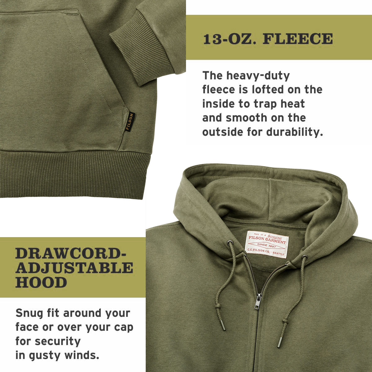 Filson Prospector Full Zip Hoodie Olive Drab, een koel-weer basic gemaakt voor de lange termijn, gemaakt van stevig 13-oz. fleece