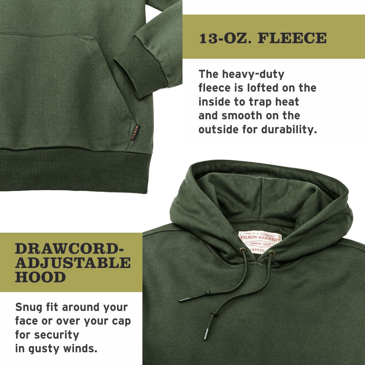 Filson Prospector Hoodie Kombu Green, een koel-weer basic gemaakt voor de lange termijn, gemaakt van stevig 13-oz. fleece