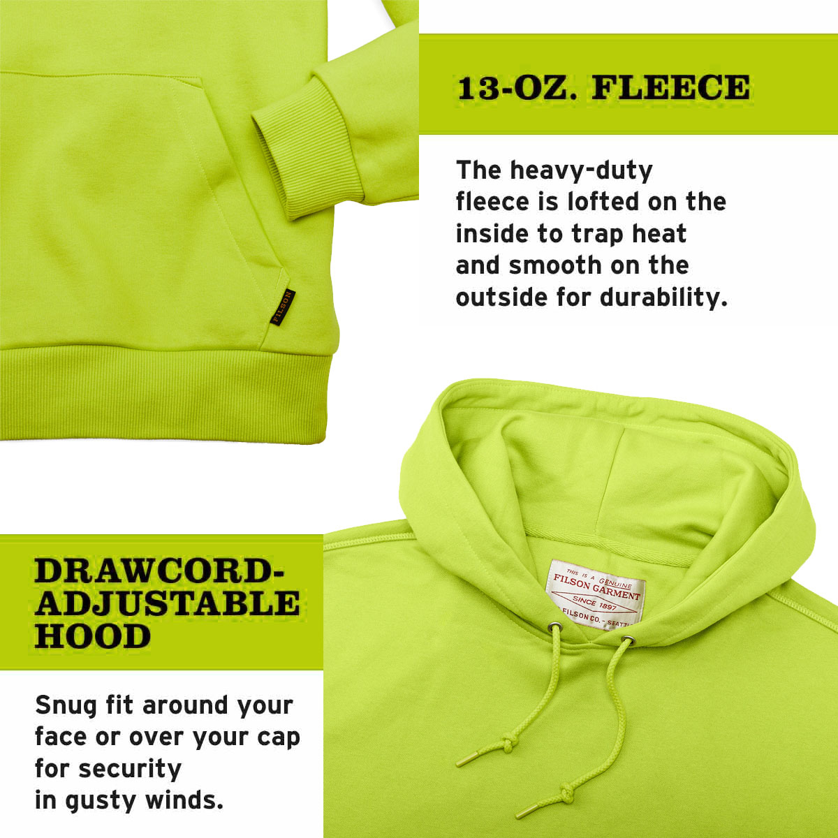 Filson Prospector Hoodie Laser Green, een koel-weer basic gemaakt voor de lange termijn, gemaakt van stevig 13-oz. fleece