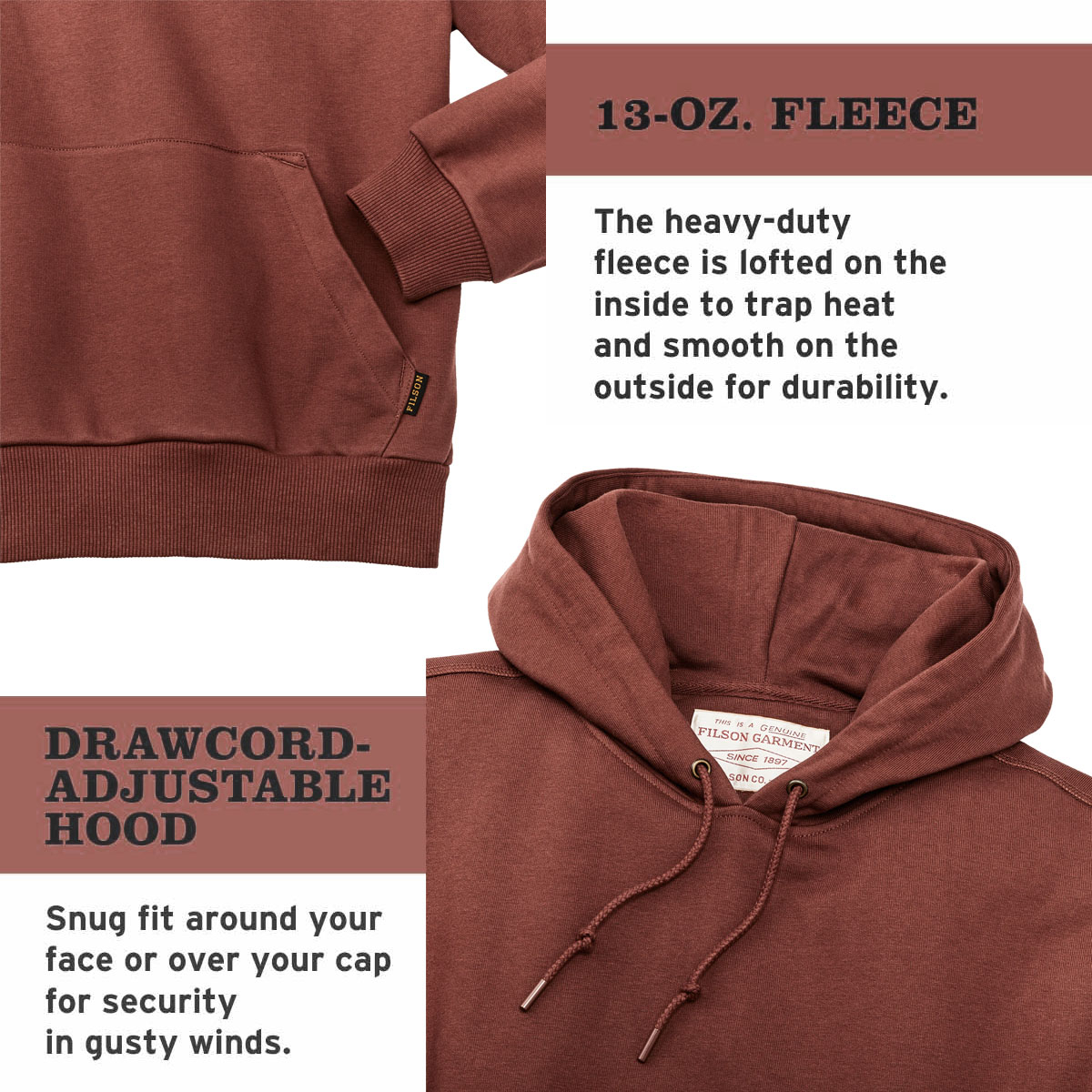 Filson Prospector Hoodie Smoked Paprika, een koel-weer basic gemaakt voor de lange termijn, gemaakt van stevig 13-oz. fleece