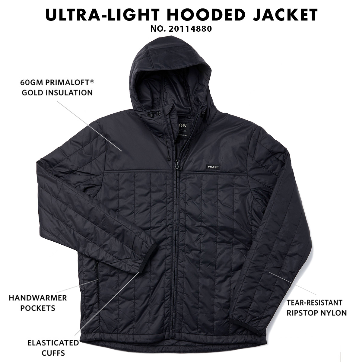 Filson Ultralight Hooded Jacket Black, winddicht, warm, ademend en comprimeerbaar, ook als het nat wordt