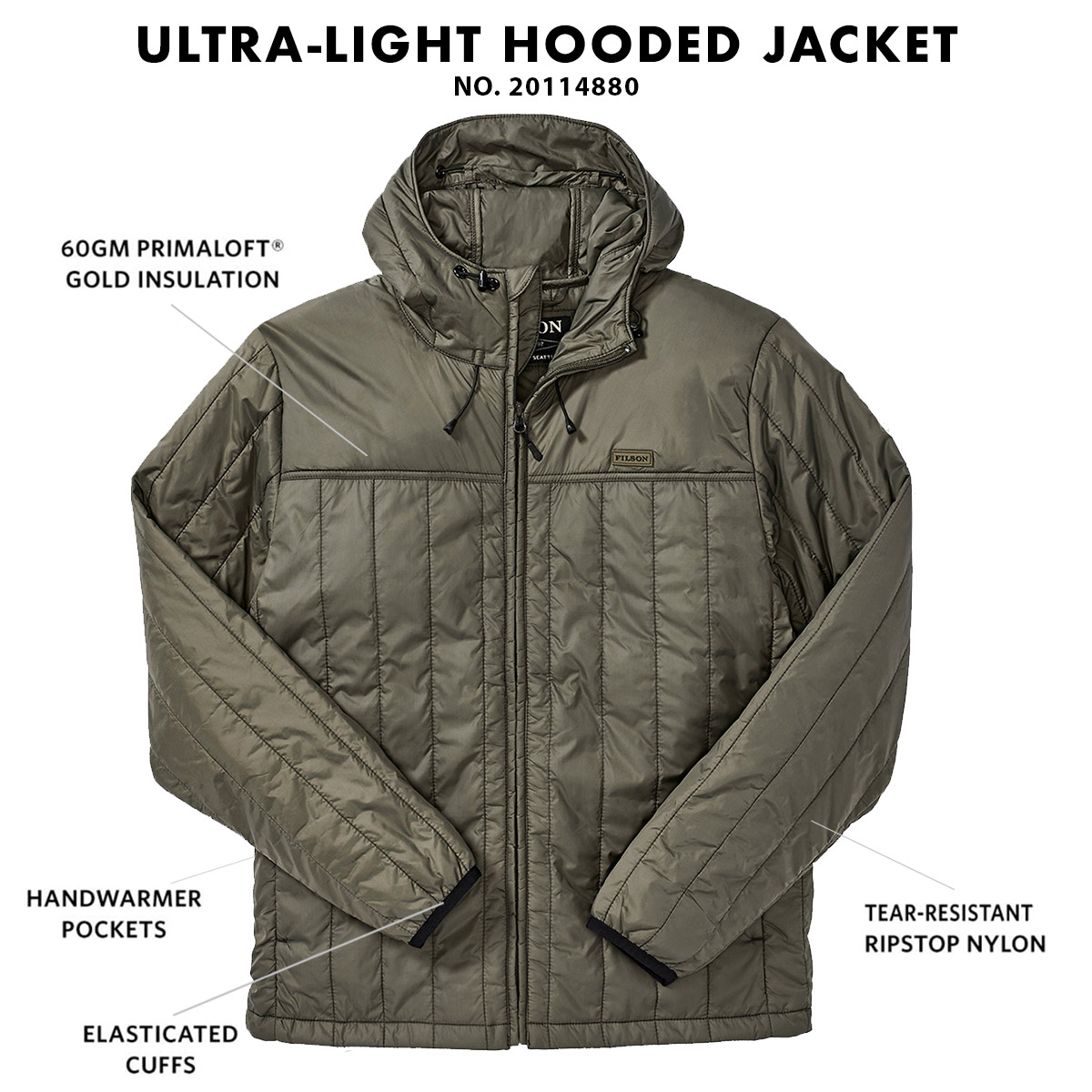 Filson Ultralight Hooded Jacket Olive Gray, winddicht, warm, ademend en comprimeerbaar, ook als het nat wordt