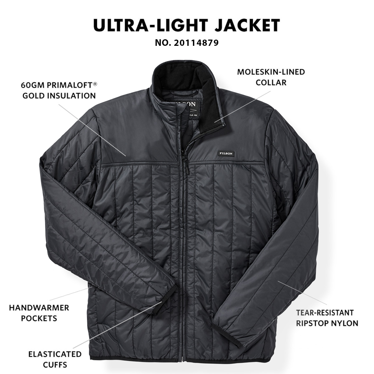 Filson Ultra Light Jacket Black, met Cordura® Ripstop nylon en 60gm PrimaLoft® Gold isolatie
