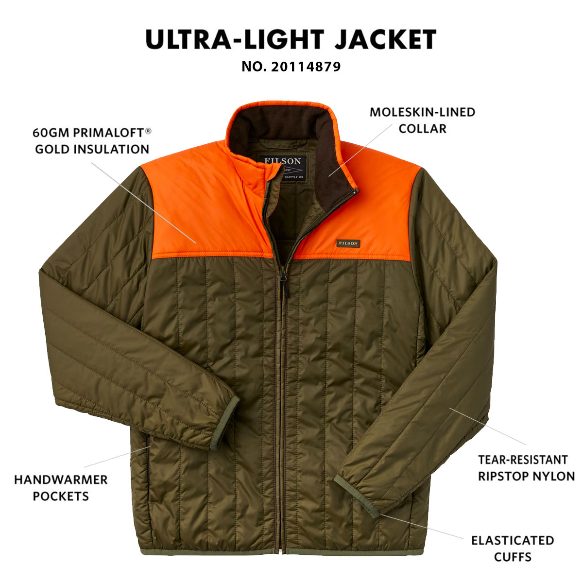 Filson Ultra Light Jacket Surplus Green Blaze, met Cordura® Ripstop nylon en 60gm PrimaLoft® Gold isolatie