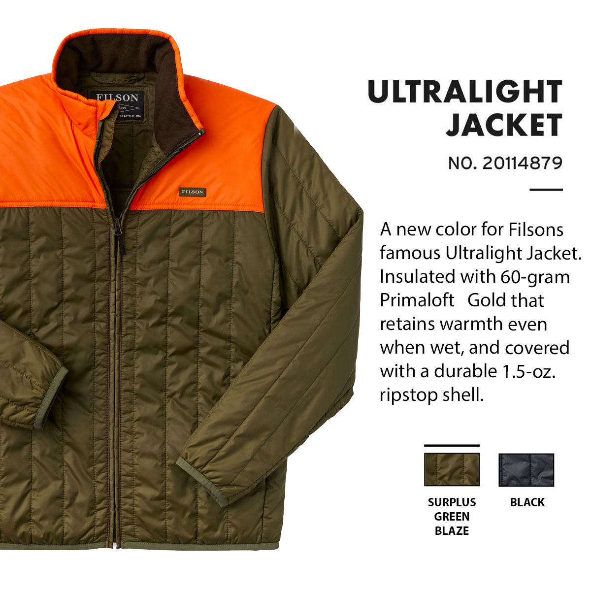 Filson Ultra Light Jacket Surplus Green Blaze, lichtgewicht jas met uitzonderlijke warmte-gewichtsverhouding