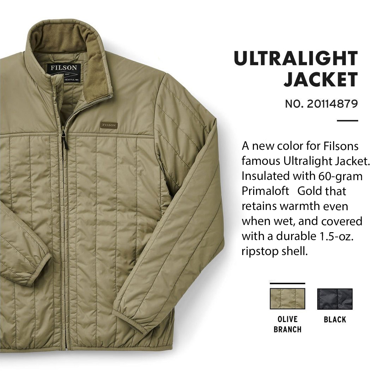 Filson Ultra Light Jacket Olive Branch, lichtgewicht jas met uitzonderlijke warmte-gewichtsverhouding