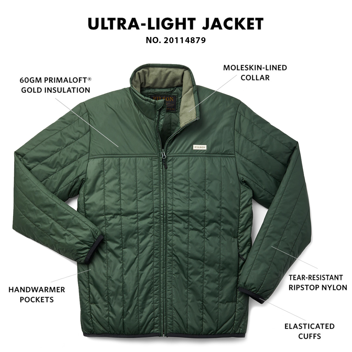 Filson Ultralight Jacket Dark Vine, met Cordura® Ripstop nylon en 60gm PrimaLoft® Gold isolatie