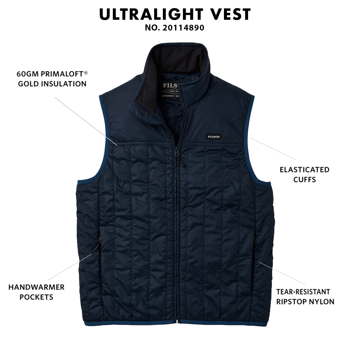 Filson Ultralight Vest Blue Coal, Ultralight PrimaLoft® Gold 60g jas met uitzonderlijke warmte-gewichtsverhouding