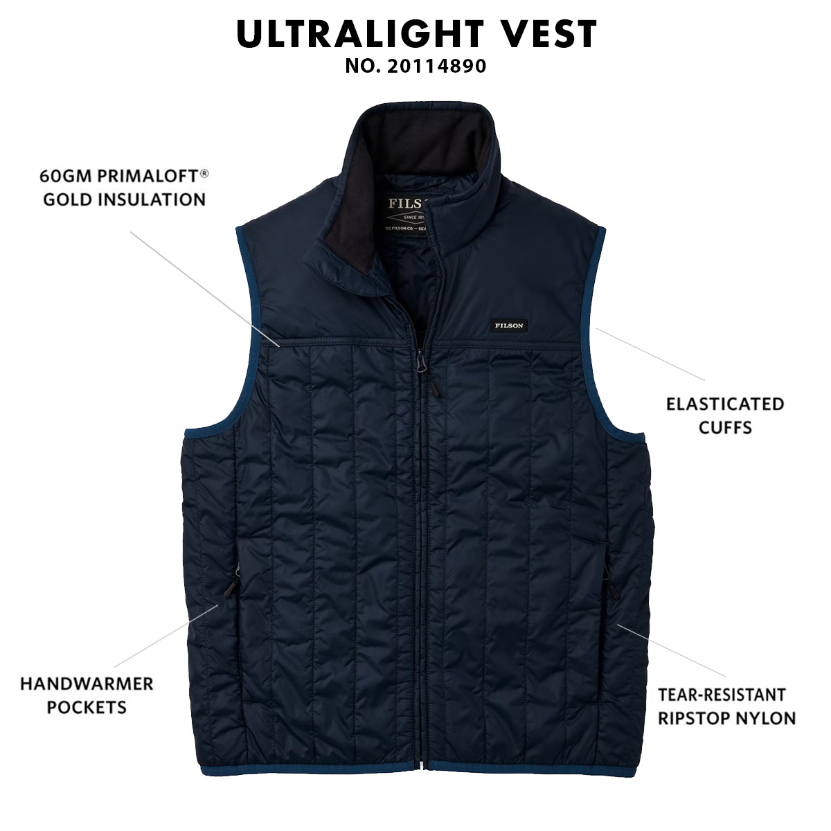 Filson Ultralight Vest Blue Coal, Ultralight PrimaLoft® Gold 60g jas met uitzonderlijke warmte-gewichtsverhouding