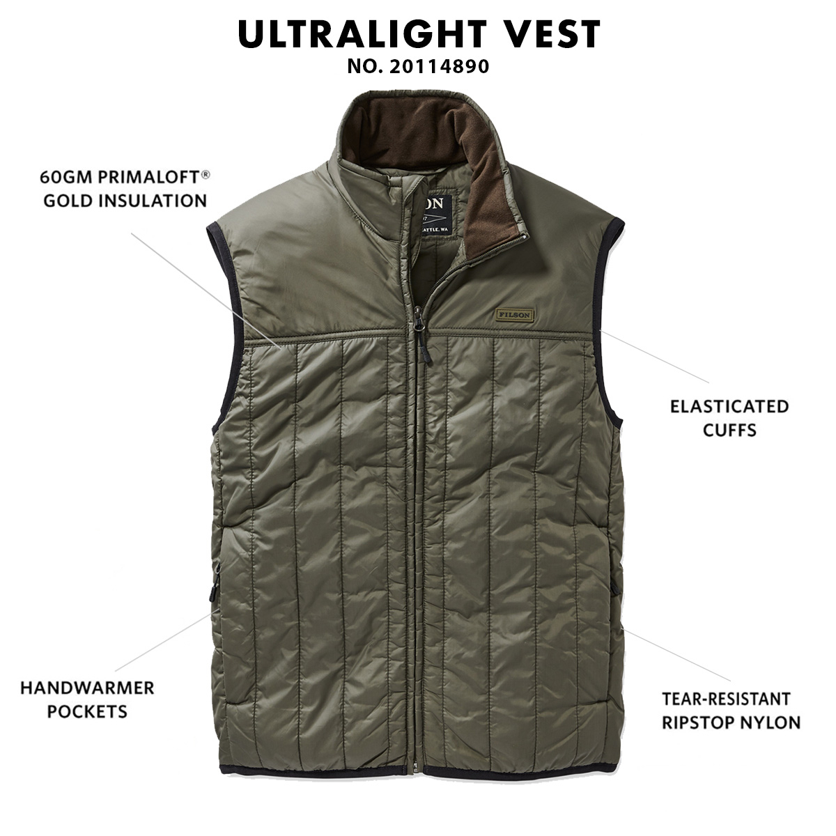 Filson Ultralight Vest Olive Gray, Ultralight PrimaLoft® Gold 60g jas met uitzonderlijke warmte-gewichtsverhouding