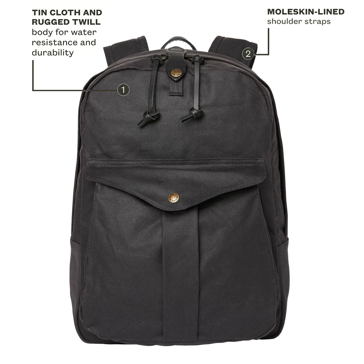 Filson Journeyman Backpack Cinder, gemaakt van Tin Cloth en Rugged Twill Canvas voor waterdichtheid en duurzaamheid