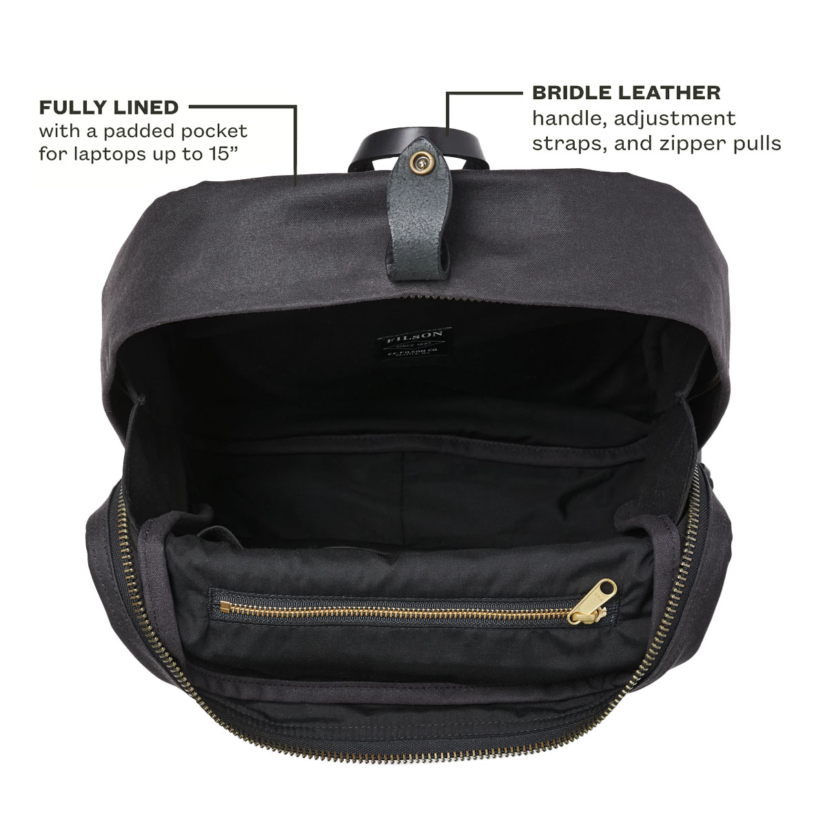 Filson Journeyman Backpack Cinder, volledig gevoerd met beschermd vak voor je laptop