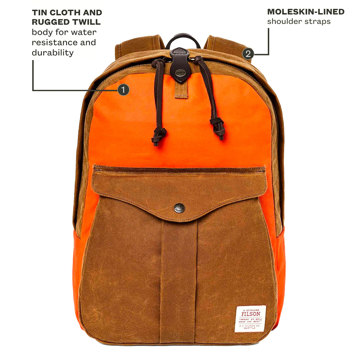 Filson Journeyman Backpack Dark Tan/Flame, gemaakt van Tin Cloth en Rugged Twill Canvas voor waterdichtheid en duurzaamheid