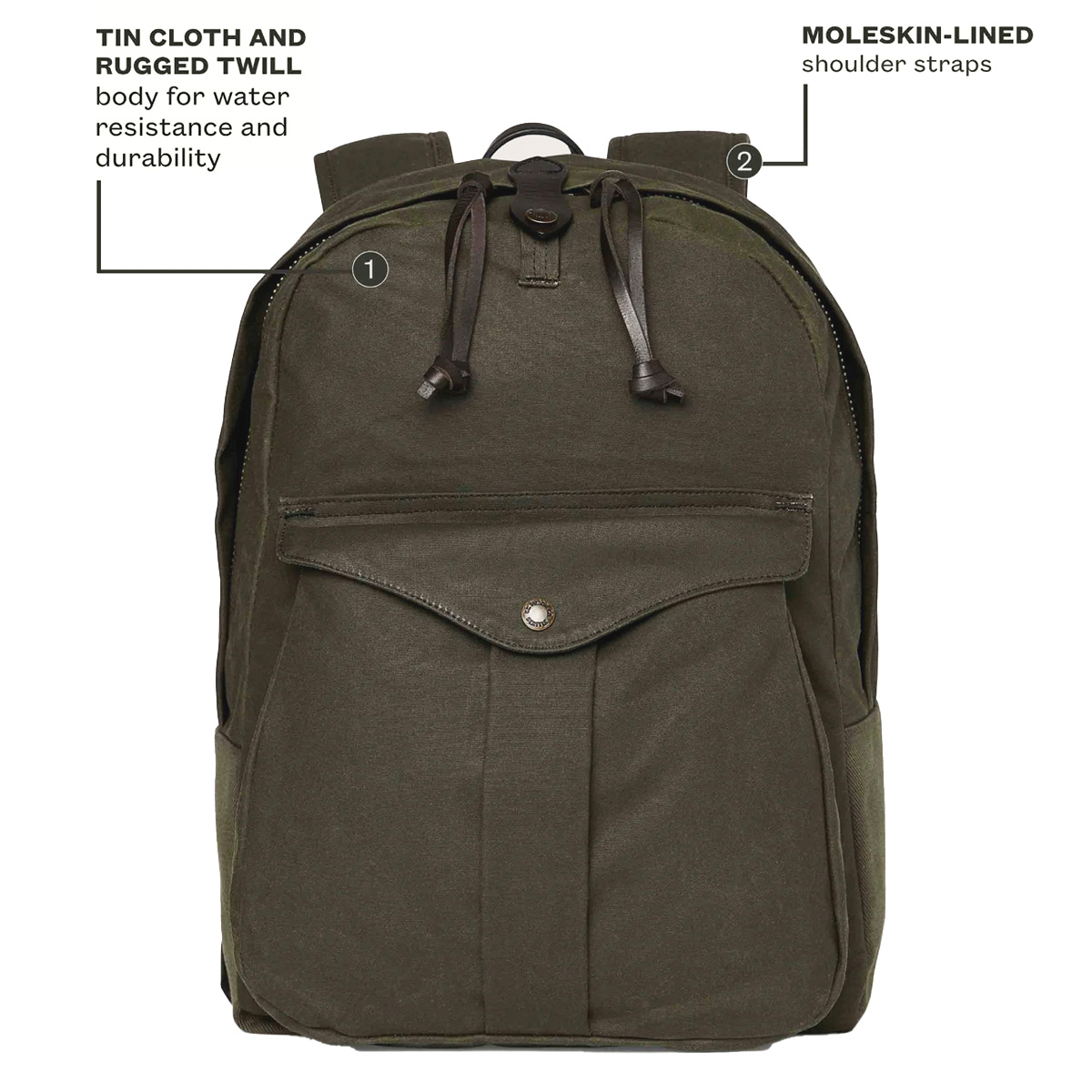 Filson Journeyman Backpack 20231638 Otter Green, gemaakt van Tin Cloth en Rugged Twill Canvas voor waterdichtheid en duurzaamheid
