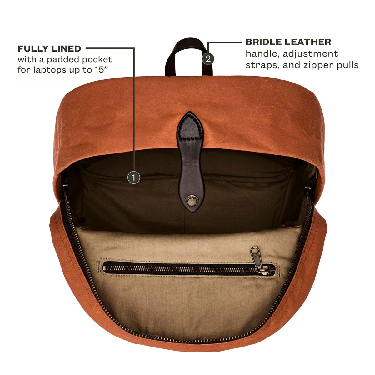 Filson Journeyman Backpack Rust, volledig gevoerd met beschermd vak voor je laptop