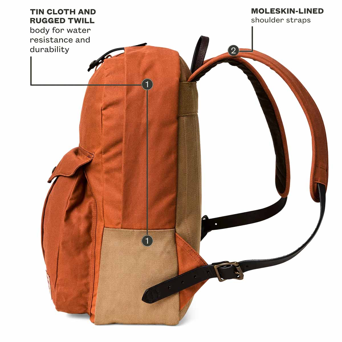 Filson Journeyman Backpack Rust, gemaakt van Tin Cloth en Rugged Twill Canvas voor waterdichtheid en duurzaamheid
