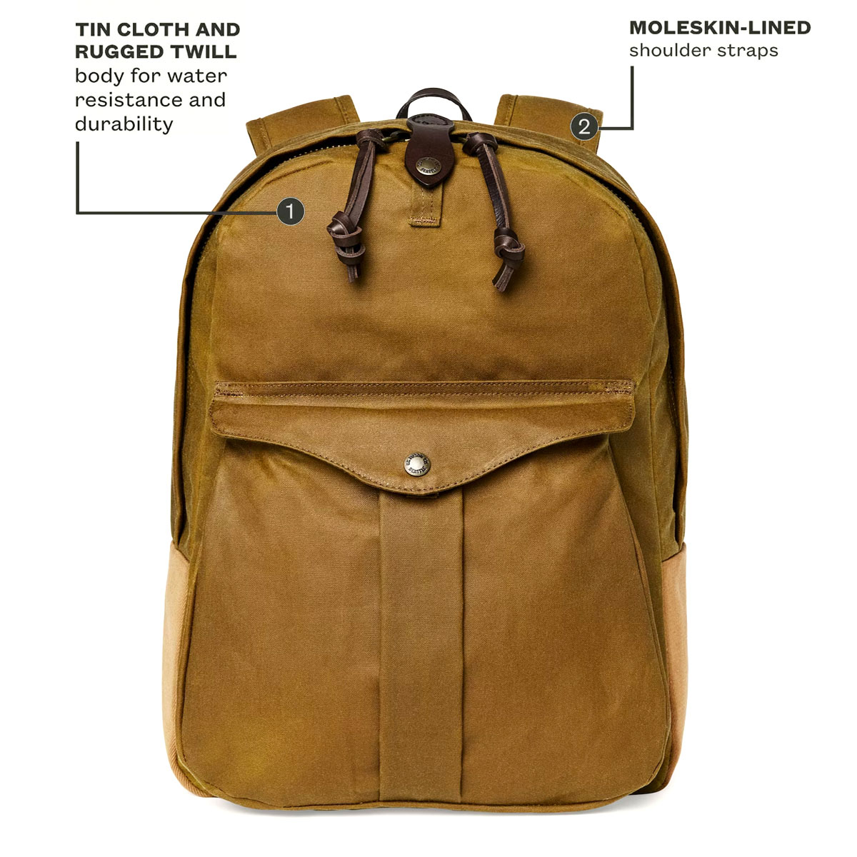 Filson Journeyman Backpack Tan, gemaakt van Tin Cloth en Rugged Twill Canvas voor waterdichtheid en duurzaamheid