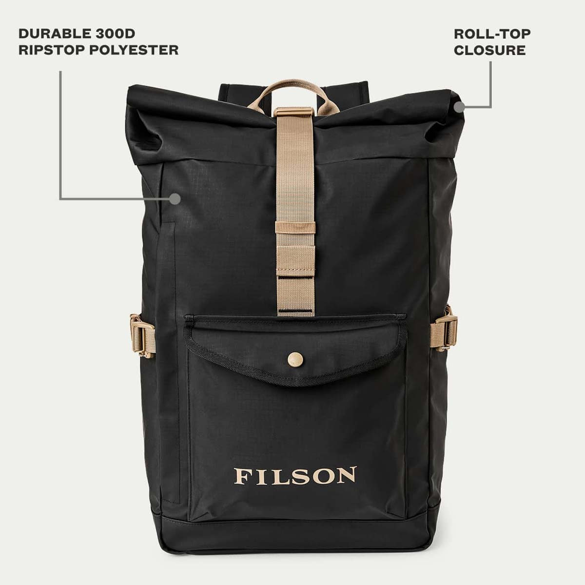 Filson Scout Backpack Black/Covert, eigenschappen uitgelegd voorkant