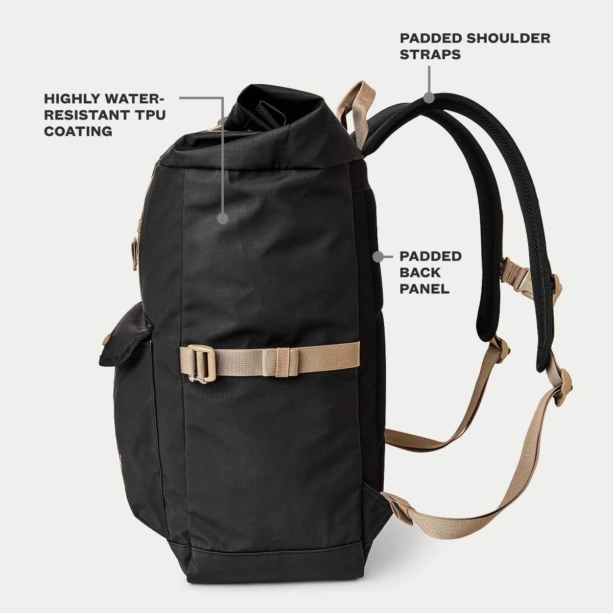 Filson Scout Backpack Black/Covert, eigenschappen uitgelegd zijkant
