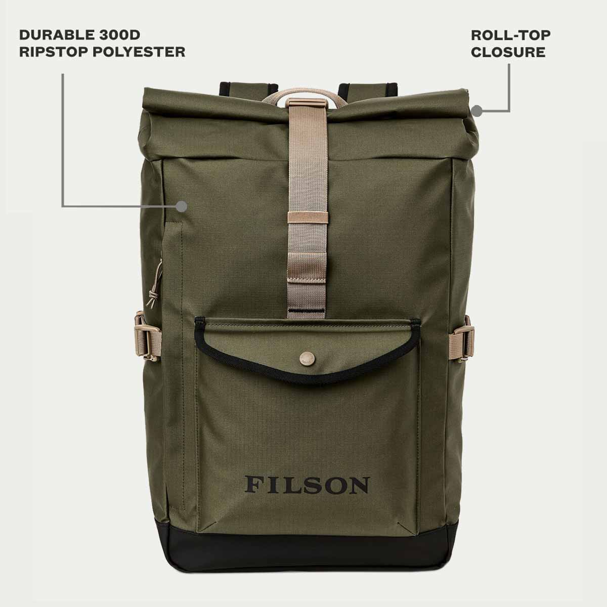 Filson Scout Backpack Olive/Black/Covert, eigenschappen uitgelegd voorkant