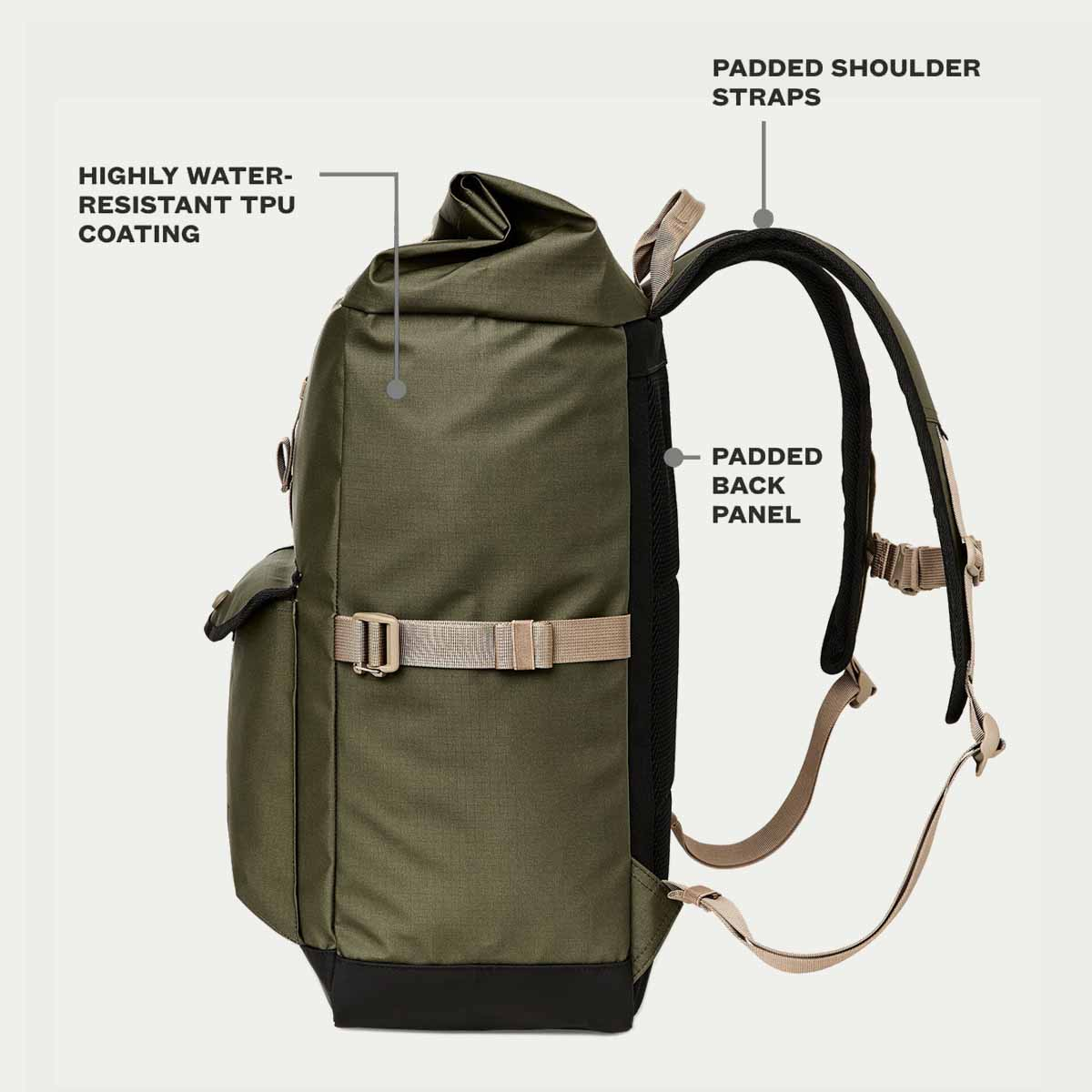 Filson Scout Backpack Olive/Black/Covert, eigenschappen uitgelegd zijkant