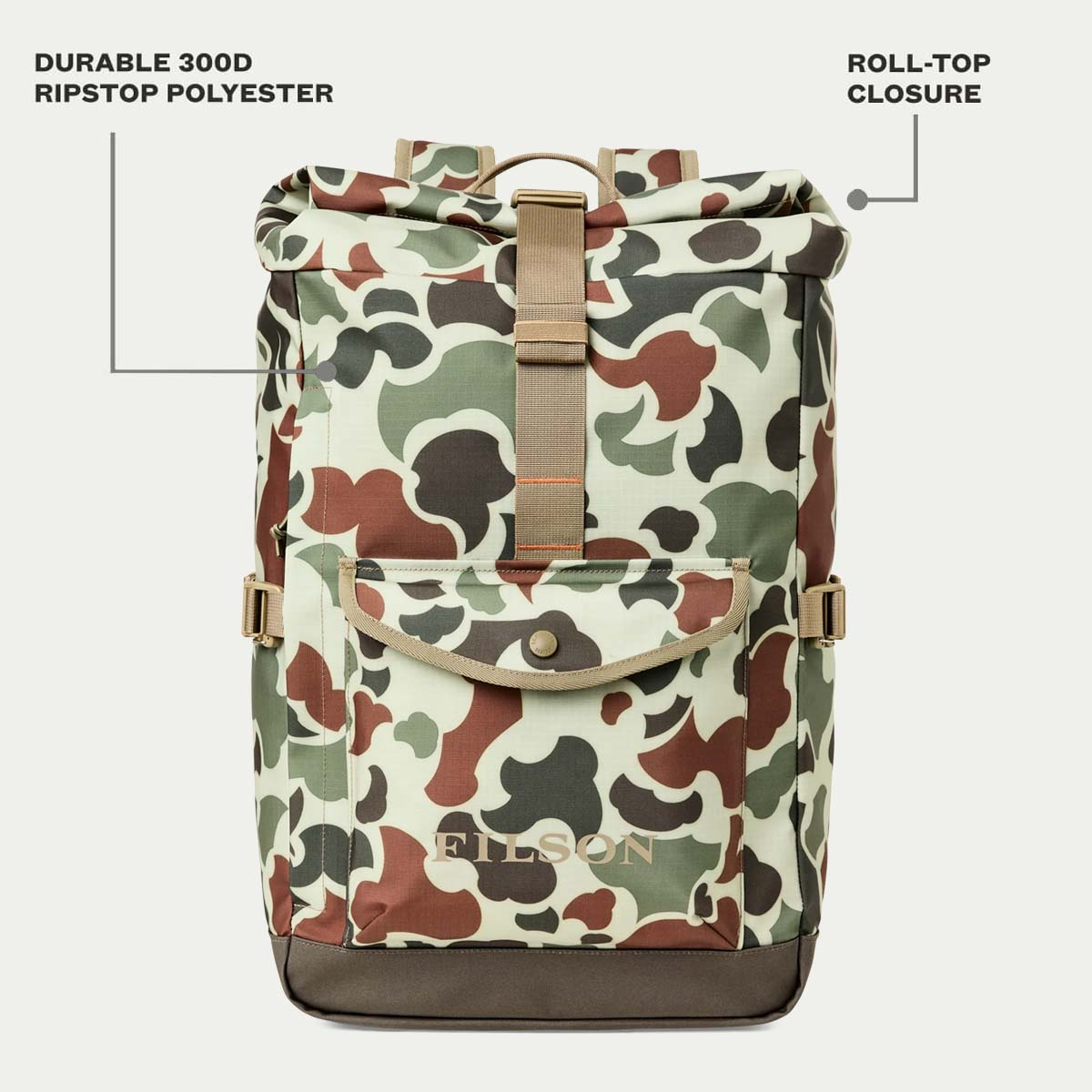 Filson All-Weather Backpack Shrub Camo/Canteen/Covert, eigenschappen uitgelegd voorkant
